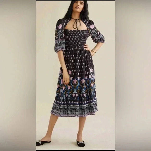 Anthropologie Dasha Floral Butterfly Smocked Midi Dress - Picture 1 of 5